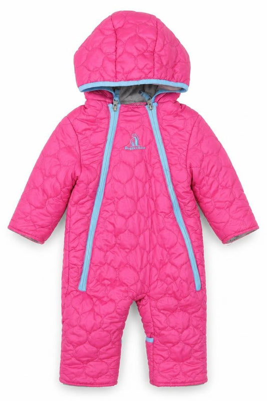 Front view of Rugged Bear unisex baby pink quilted hooded puffer snowsuit 6–9 months