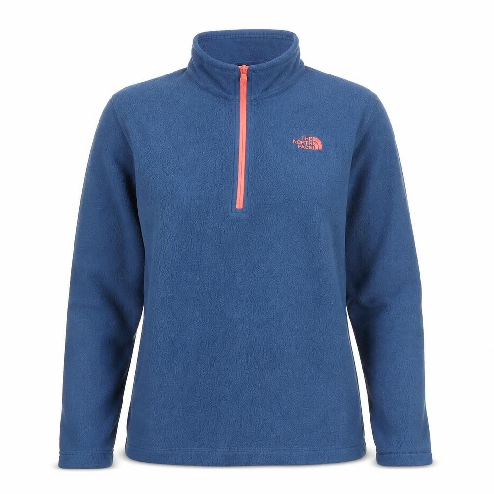 Front view of The North Face women’s blue 1/4 zip fleece pullover sweatshirt m