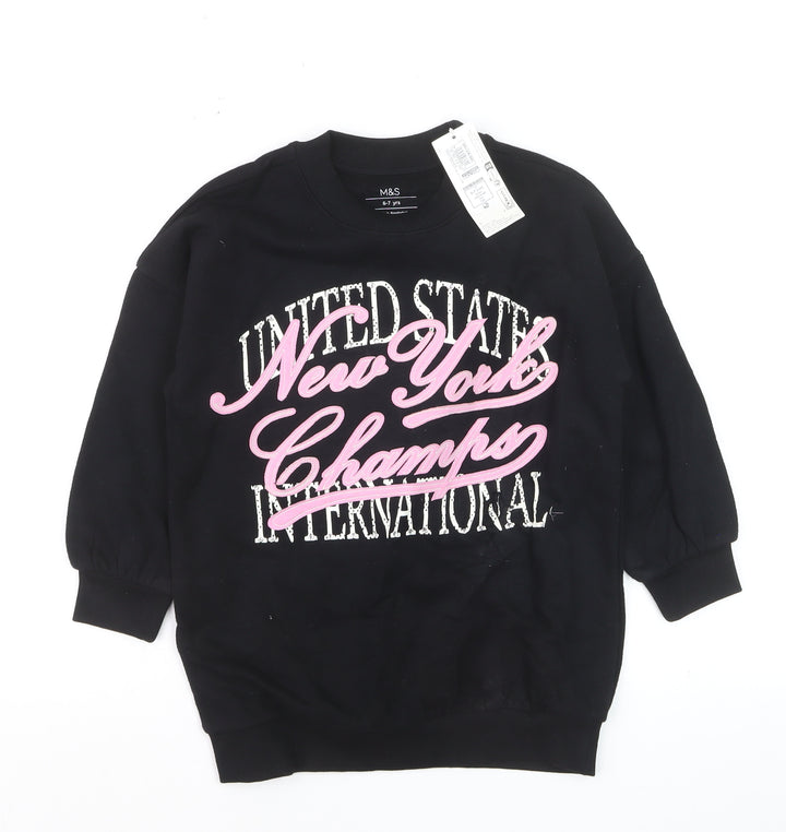 Marks and Spencer Girls Black Pullover Sweatshirt 6-7 Years New York Print