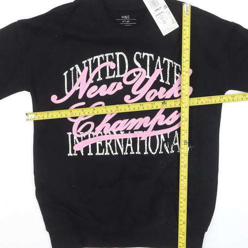 Marks and Spencer Girls Black Pullover Sweatshirt 6-7 Years New York Print