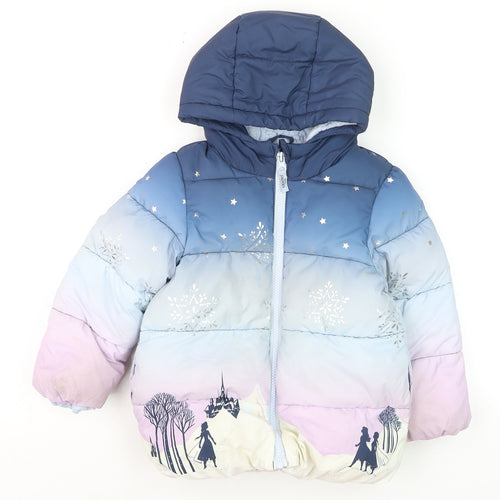 Marks and Spencer Girls Blue Frozen Puffer Jacket 2-3 Years Hooded Winter Coat