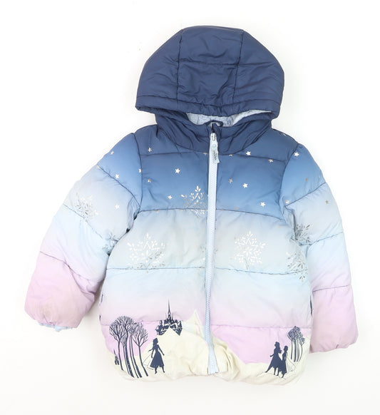 Marks and Spencer Girls Blue Frozen Puffer Jacket 2-3 Years Hooded Winter Coat