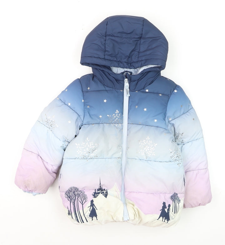 Marks and Spencer Girls Blue Frozen Puffer Jacket 2-3 Years Hooded Winter Coat