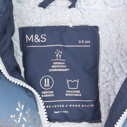 Marks and Spencer Girls Blue Frozen Puffer Jacket 2-3 Years Hooded Winter Coat
