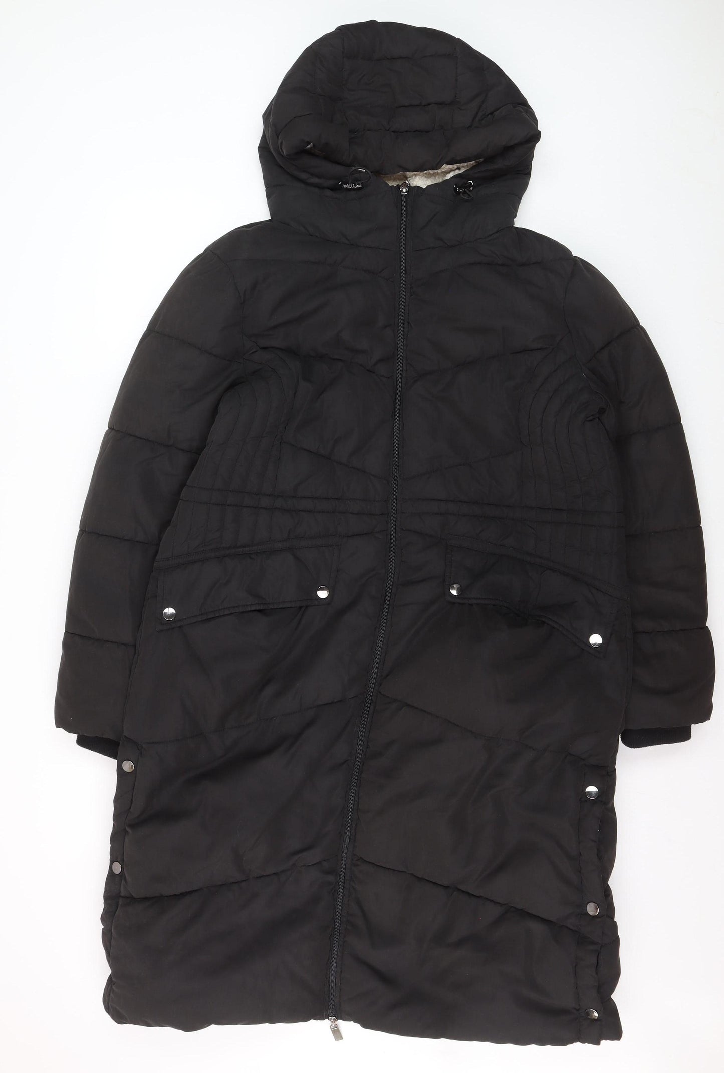 Wallis Women's Black Long Puffer Coat M Hooded Winter Jacket