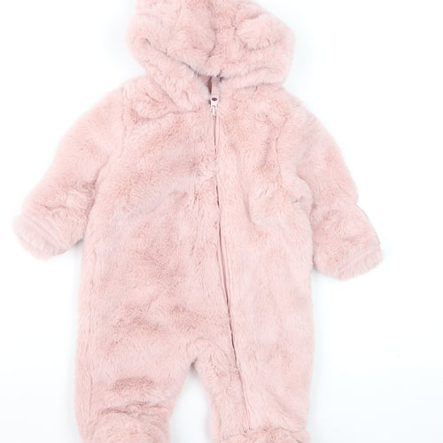 Marks and Spencer Pink Faux Fur Hooded Snowsuit 0-3 Months Baby Winter Outfit