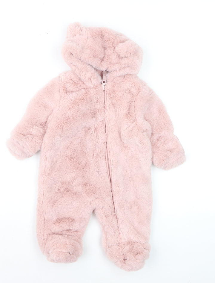 Marks and Spencer Pink Faux Fur Hooded Snowsuit 0-3 Months Baby Winter Outfit