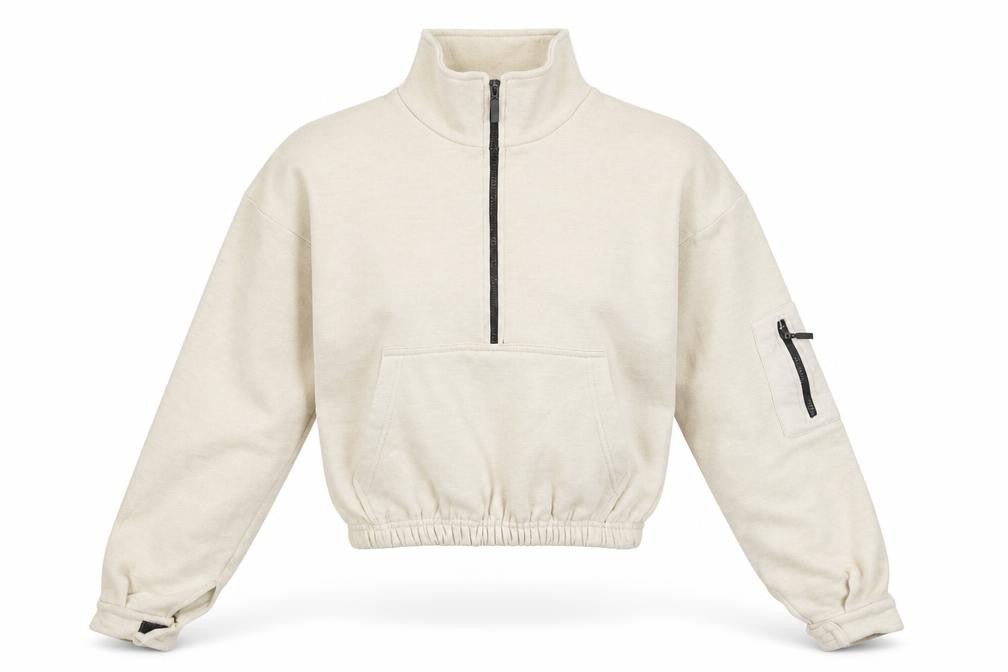 Front view of PRETTYLITTLETHING Women Beige 1/4 Zip Pullover Sweatshirt, size S