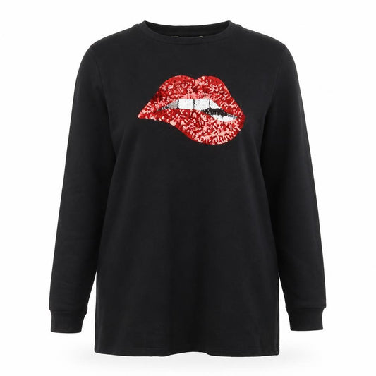 Front view of Lipsy Women Black Sequin Lips Sweatshirt UK 14