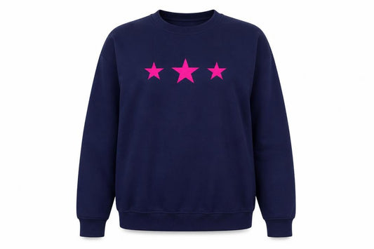 Front view of Betty Bramble women’s navy sweatshirt xxl pink star print crew neck