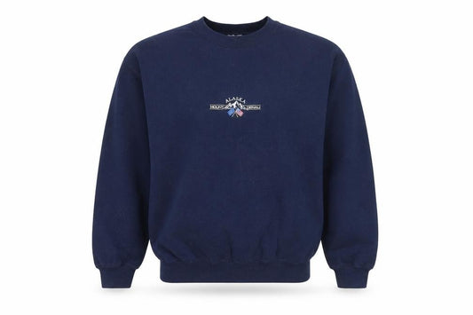 Front view of Topshop unisex navy blue alaska embroidered pullover sweatshirt l