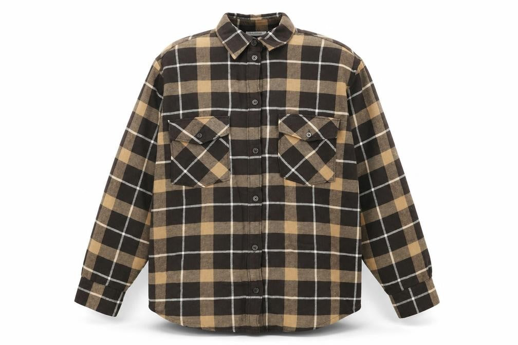 Front view of Weekday Men's Brown Check Flannel Lined Cotton Shirt XS