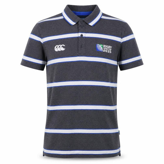 Front view of Canterbury Men's Grey Striped Rugby World Cup 2015 Polo Shirt, size S