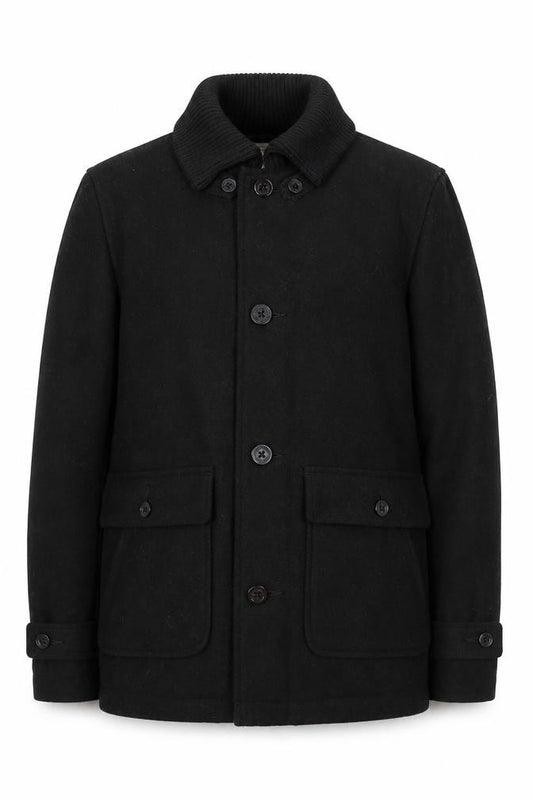 Front view of Universal Garments Men Black Wool Bomber Jacket M Mid-Length