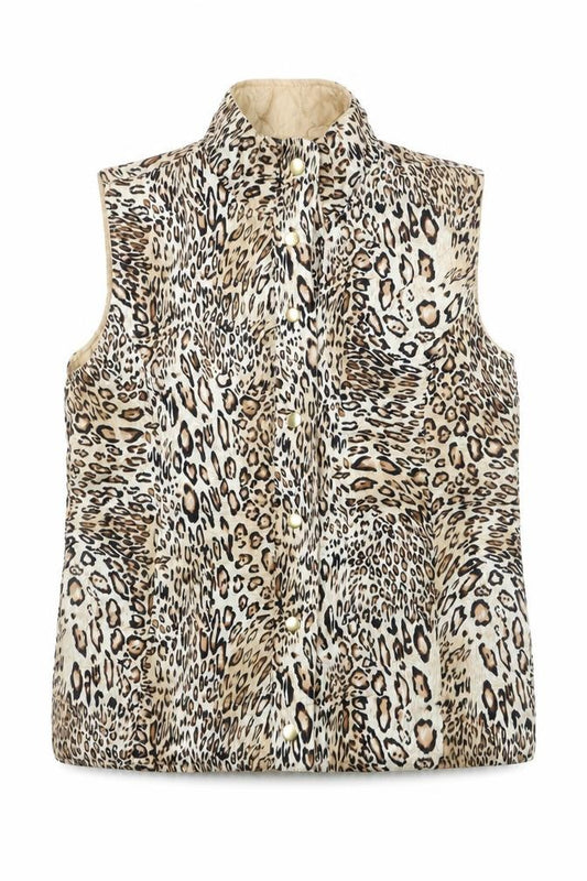 Front view of Casual Identity Women's Brown Leopard Print Padded Waistcoat M