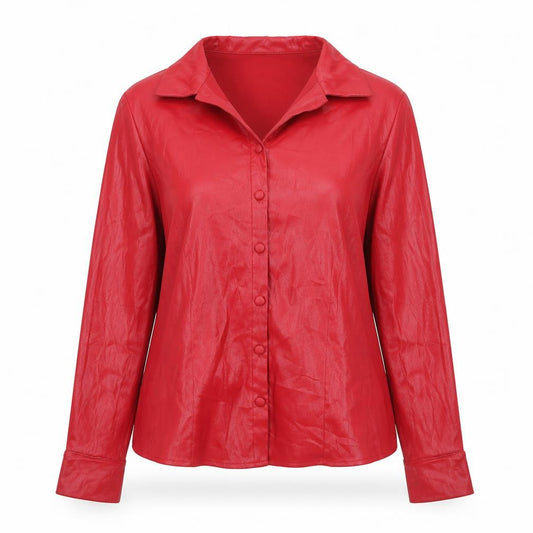 Front view of À La Une Women’s Red Collared Long Sleeve Satin Blouse, size M