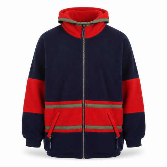 Front view of Denver Hayes Men’s Blue Red Full Zip Fleece Hoodie, size L