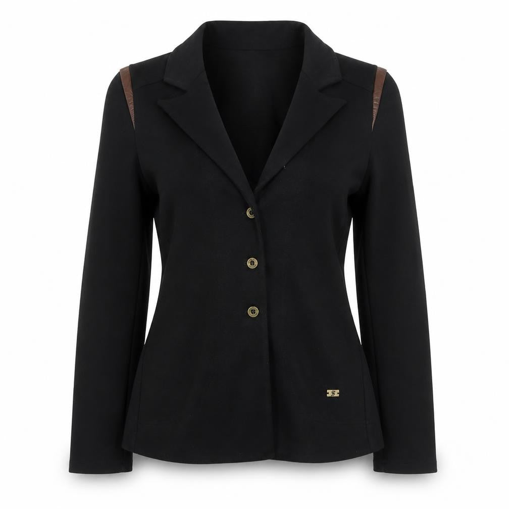 Front view of Scaline London Women's Black Wool Blend Tailored Three-Button Blazer M