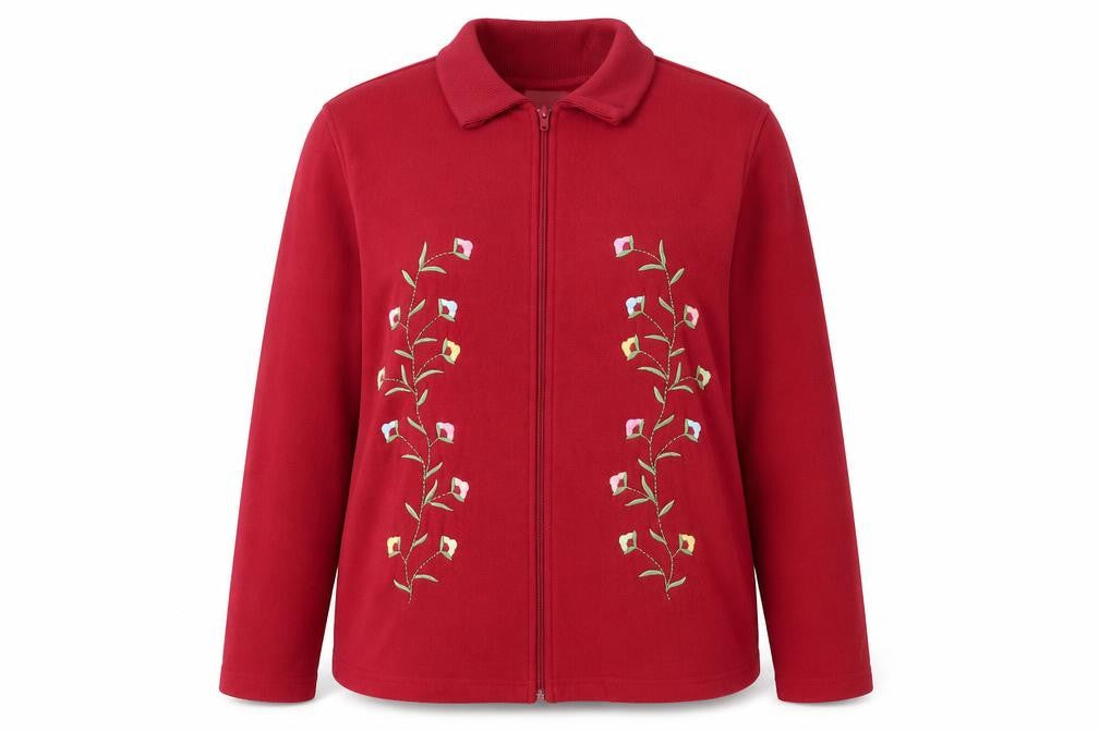 Front view of Blair Women's Red Embroidered Fleece Zip Jacket, size L
