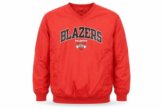 Front view of Red Oak men’s red v-neck pullover sweatshirt l college sports style