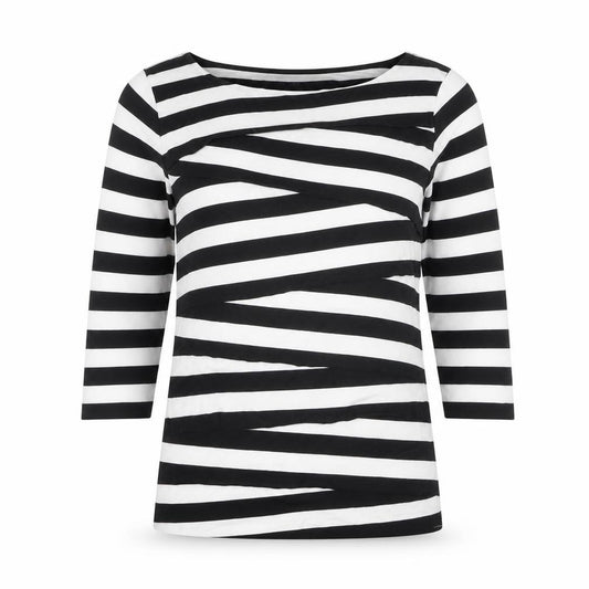 Front view of Verve Ami Women's Black & White Striped Boat Neck 3/4 Sleeve Top, size M