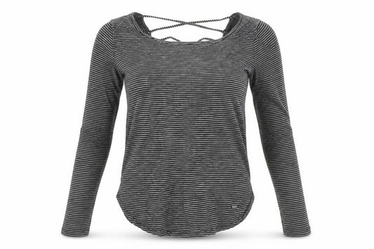Front view of Hollister women’s black striped long sleeve jersey top xs