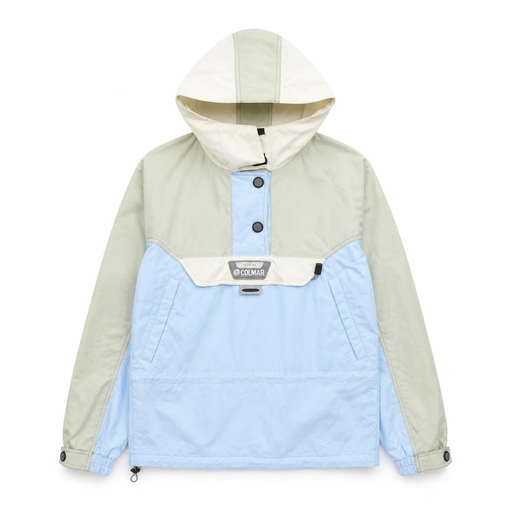 Front view of Colmar men’s blue green hooded anorak jacket, size 38, regular
