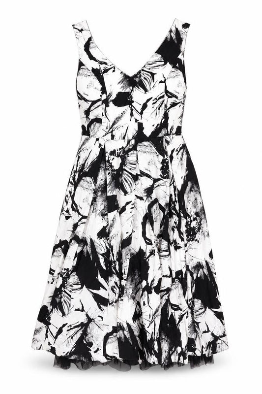 Front view of Marks & Spencer Women’s Black Floral Fit & Flare Dress, size UK 10
