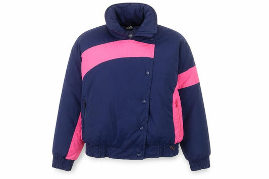 Front view of Edelweiss women’s blue pink 90s retro down puffer ski jacket l