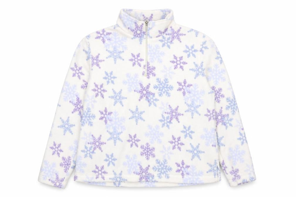 Front view of Croft & Barrow Women Ivory Purple Snowflake Fleece 1/4 Zip Pullover L
