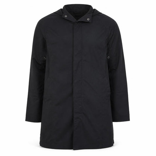 Front view of Tommy Hilfiger Men's Black Waterproof Hooded Rain Coat, size S