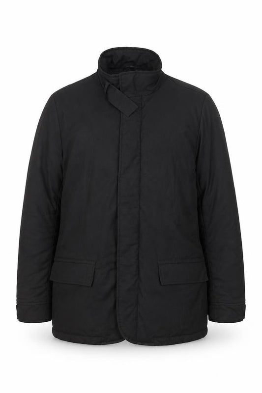 Front view of DKNY Men's Black Polyester Mid-Length Overcoat, size S