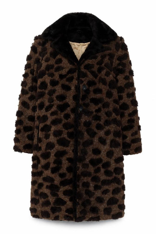 Front view of Bang Women's Brown Animal Print Faux Fur Long Coat, size 12