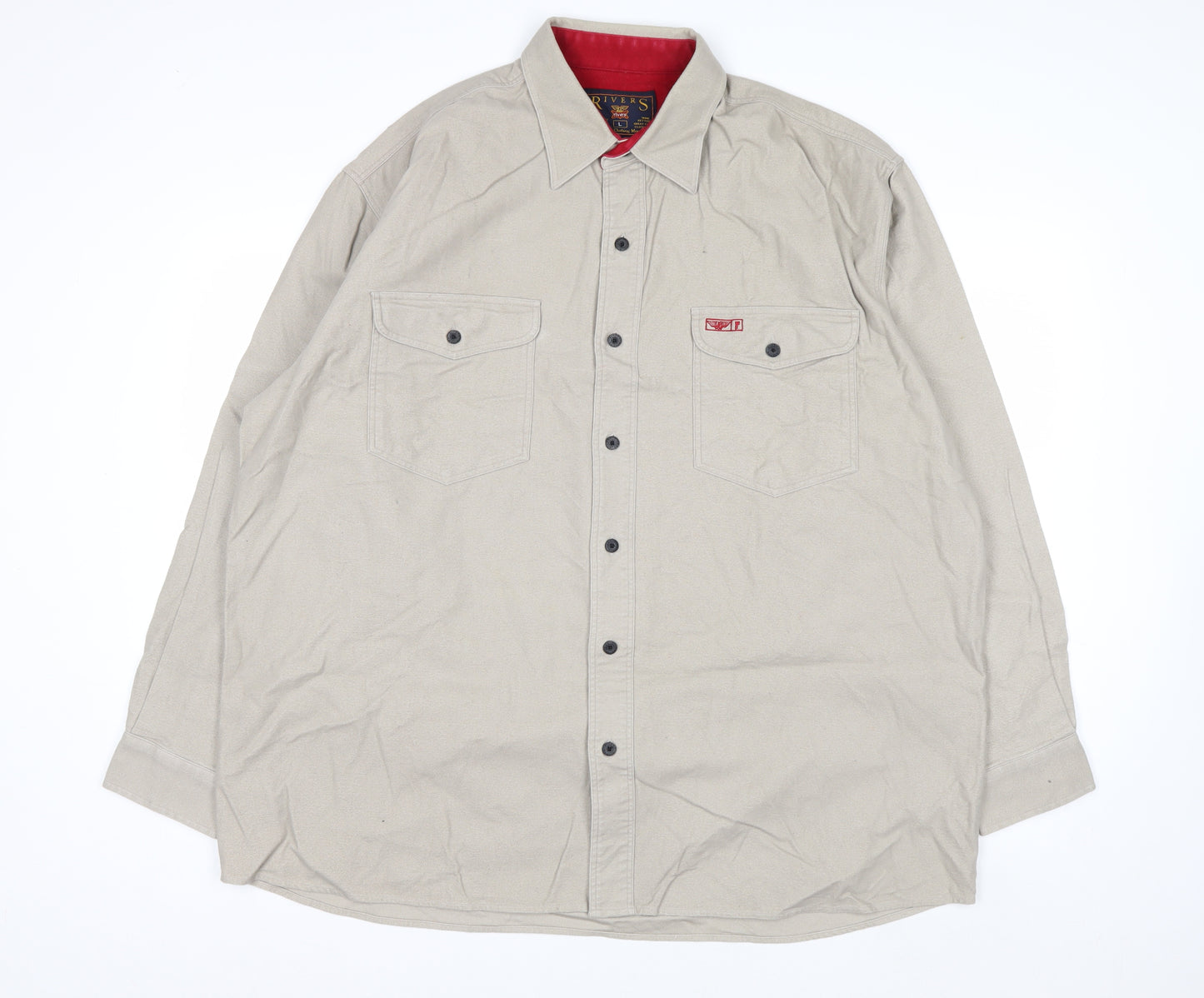 Rivers Men's Beige Cotton Long Sleeve Button-Up Shirt L