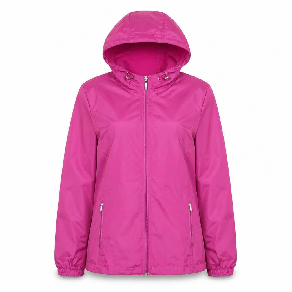 Front view of Northern Reflections Women's Pink Hooded Packaway Jacket, size M, Polyester
