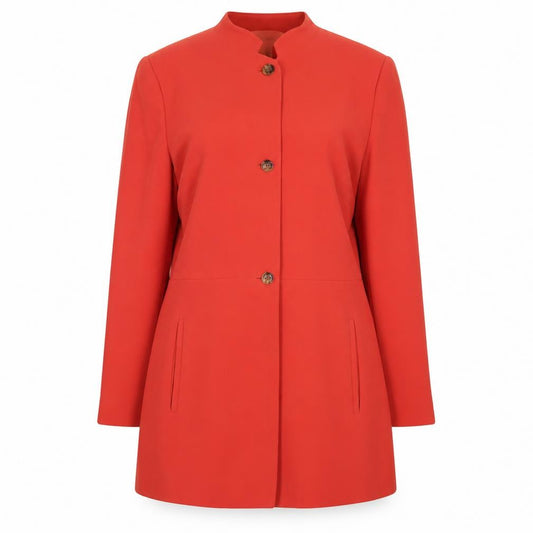 Front view of Rena Rowan Women Red Crepe Longline Blazer, size 12, Classic Fit