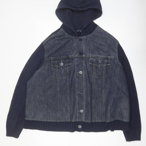 East Coast Women Blue Cotton Hooded Denim Bomber Jacket Size 26