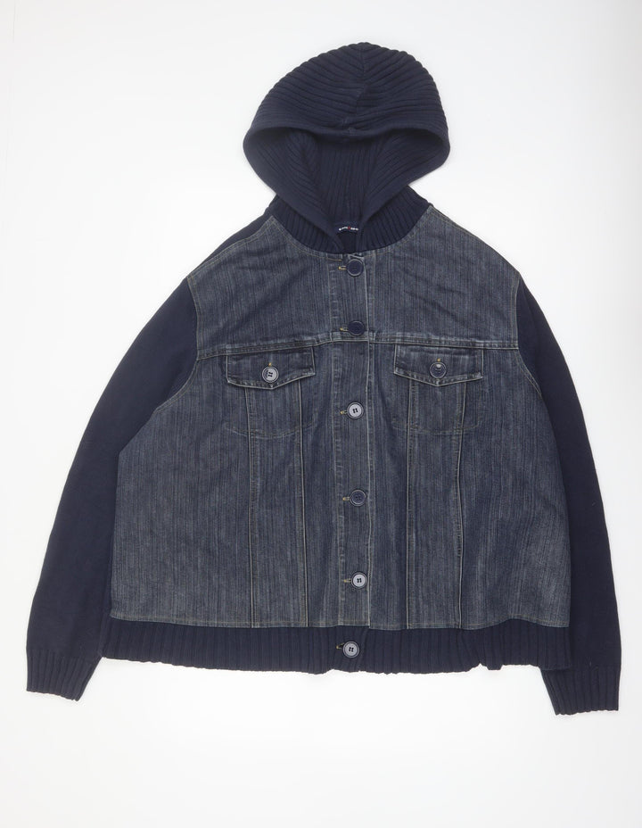 East Coast Women Blue Cotton Hooded Denim Bomber Jacket Size 26