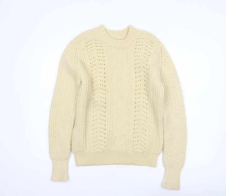 Eddie Bauer Men’s Beige Wool Cable-Knit Jumper L Vintage Winter Pullover