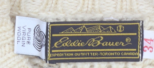 Eddie Bauer Men’s Beige Wool Cable-Knit Jumper L Vintage Winter Pullover