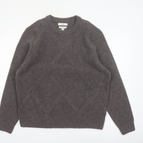 Marks and Spencer Men's Brown Wool Blend Crew Neck Diamond Knit Jumper XL