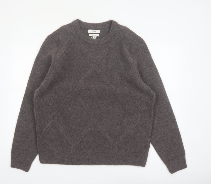 Marks and Spencer Men's Brown Wool Blend Crew Neck Diamond Knit Jumper XL