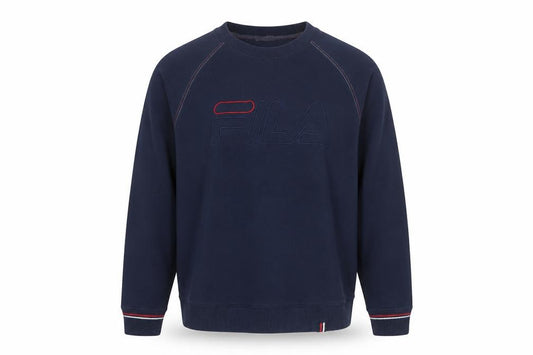 Front view of Fila men’s blue logo pullover sweatshirt, size L