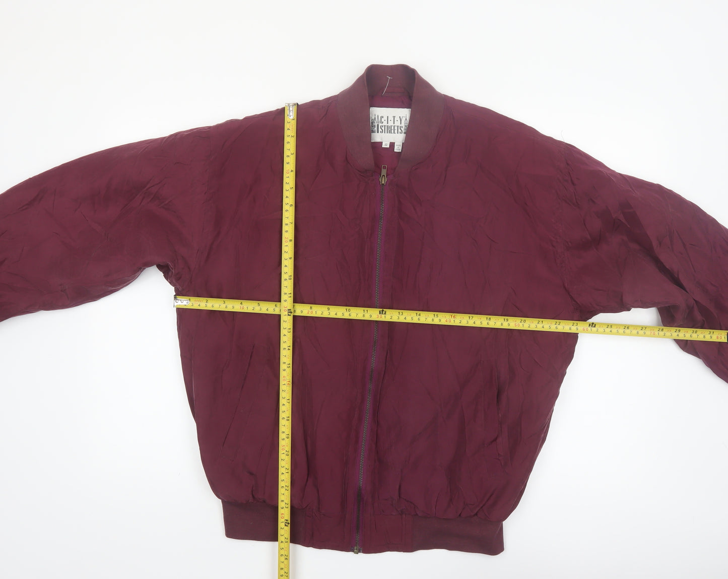 City Streets Men's Red Silk Bomber Jacket Size S Full Zip Casual