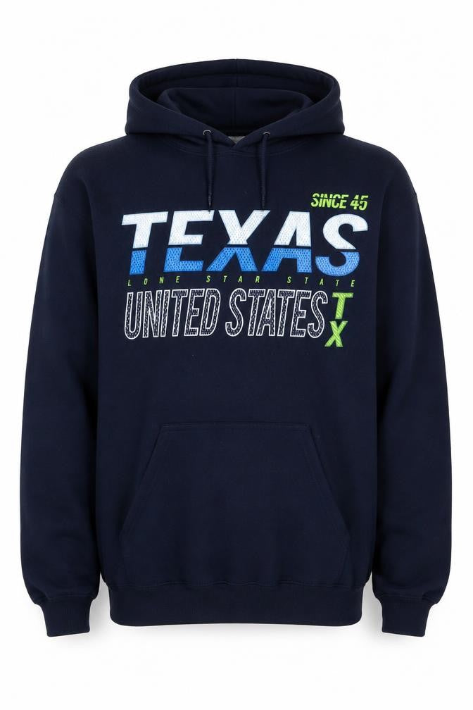 Front view of Gildan Men's Blue Texas USA Graphic Pullover Hoodie Medium