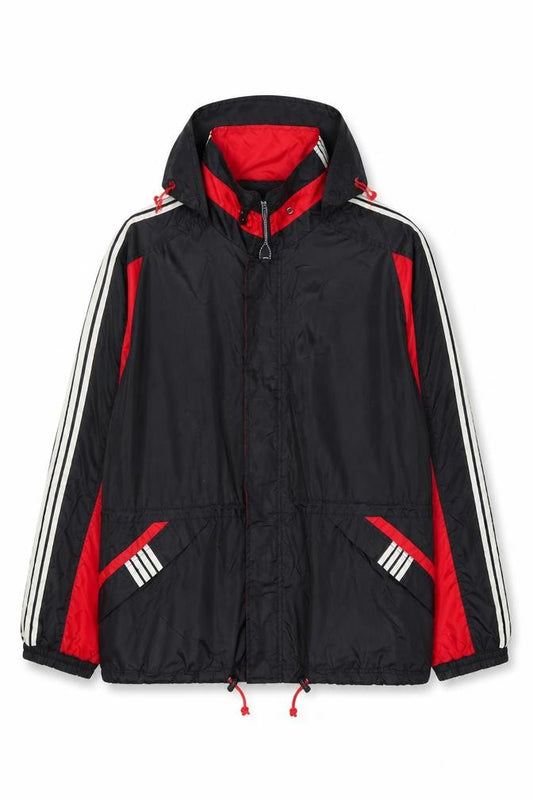 Front view of Rigo 2000 Men's Black Red Nylon Hooded Windbreaker Jacket L