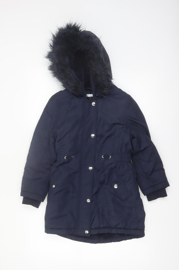Bluezoo Girls Blue Hooded Fur Trim Winter Parka Coat 8-9 Years