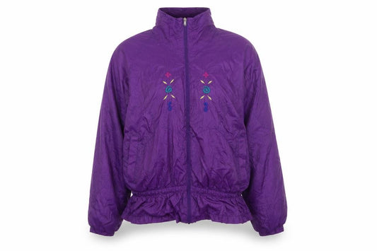 Front view of Droors Spirit women’s purple embroidered windbreaker jacket l