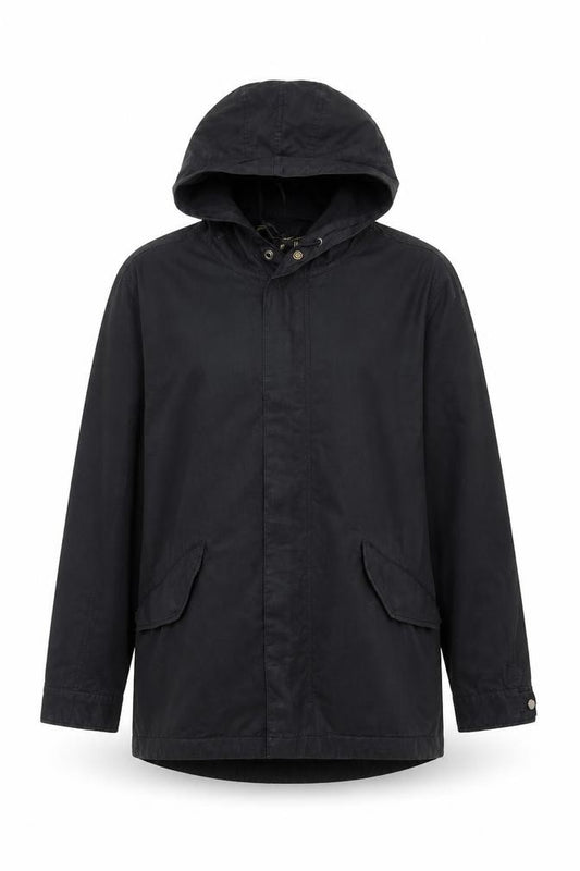 Front view of Gap women’s black cotton hooded parka jacket, size S