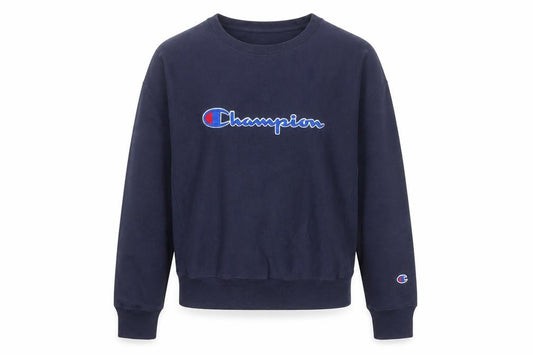 Front view of Champion Women's Navy Reverse Weave Sweatshirt Large Cotton Blend